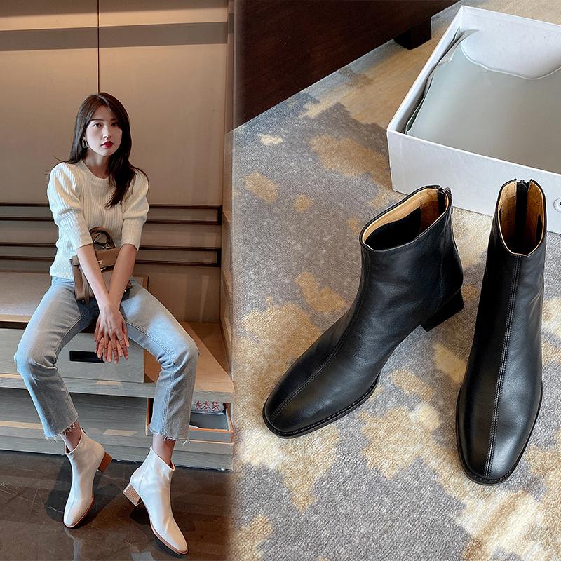Boots 2021 Winter Top Layer Cowhide High-end Customized Youth Fashion Mid-heel Square Toe Women&#039;s