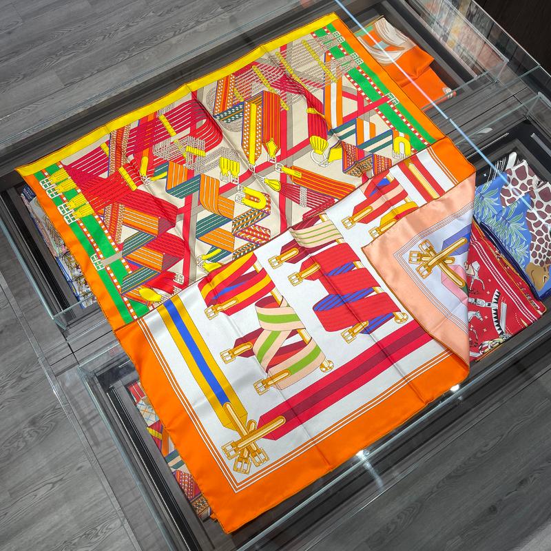 Scarves Orange Real Silk Twill Scarf Women Printed Plants Natural Head Square Foulard Bandana Shawl Luxury Lady Girl Gift