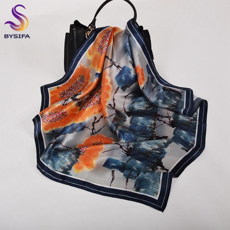 Scarves BYSIFA| Orange Blue Sunflower Pure Silk Square Printed 70*70cm Elegant 100% Natural Neck Scarf Women Fall
