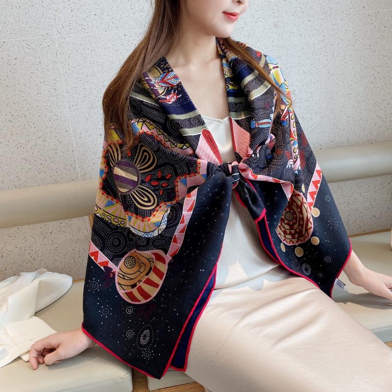 Scarves 70% Cashmere 30% Silk Thin Scarf Women Vintage Print Shawl Stole Hand Rolled Kerchief Winter Pashmina 135*135cm