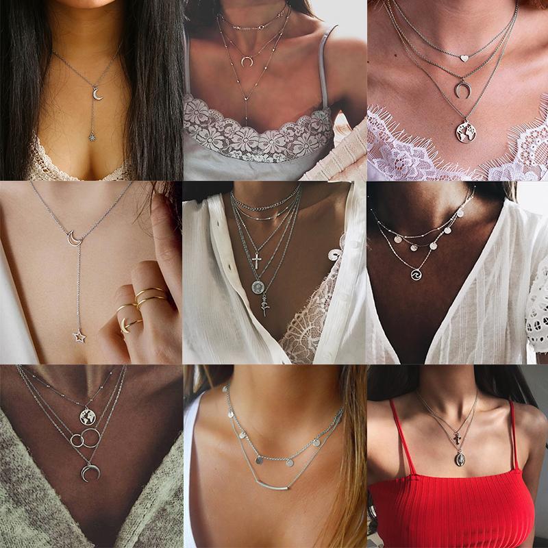 Pendant Necklaces Vintage Chain Coin Necklace For Women Bohemian Multilayer Silver Color Chokers Collar Circle Map Horns Jewelry