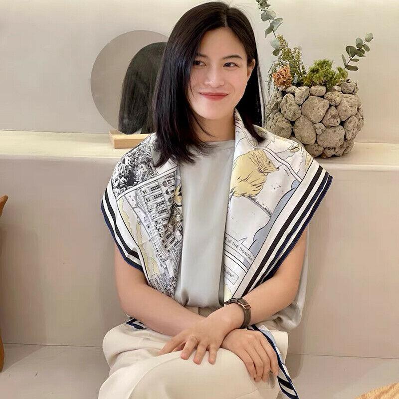 Scarves 100% Silk Scarf Women Fashion Twill Kerchief Double-sided Human Horse Shawl Hijab Hand Rolled Bandana 90*90cm