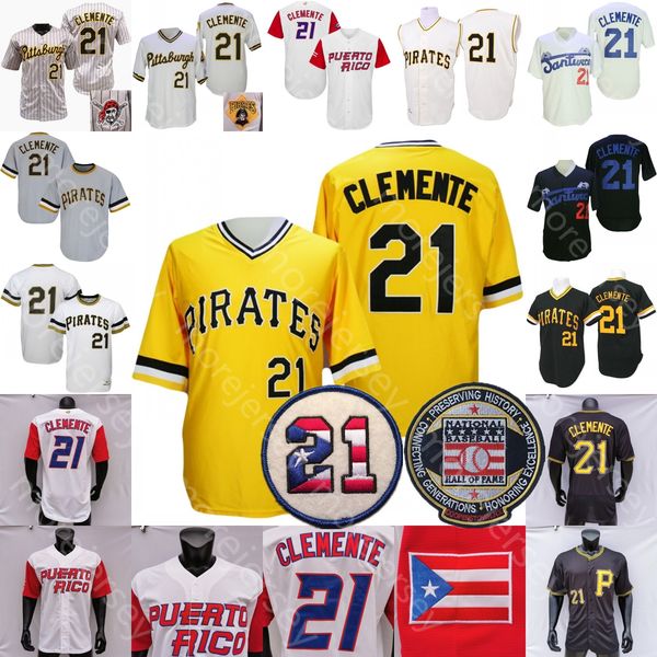 Baseball Roberto Clemente Jersey 21 Flag Hall Of Fame Patch 1971 White Black Cream Retro Hemp Grey Pullover Button Turn Back Fans Player San