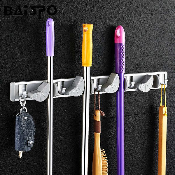 Quality kitchen storage tool holder, 4 position with 5 hooks Wall Mounted Storage organizer, mop and broom storage holders racks 210705