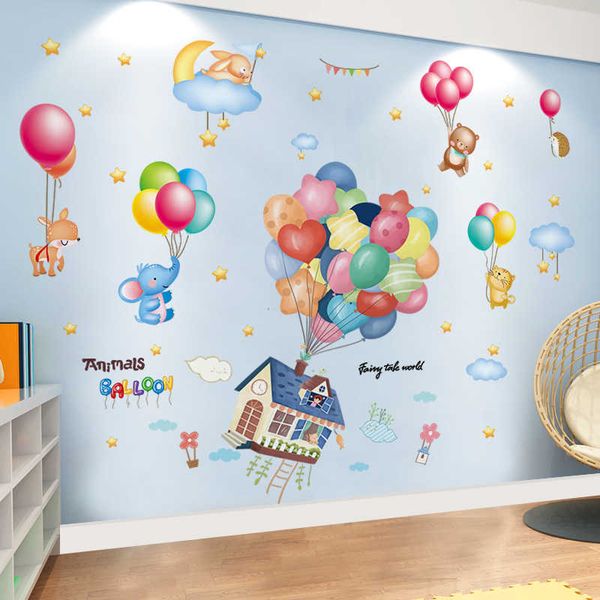 Colorful Balloons Wall Stickers DIY Cartoon House Animals Wall Decals for Kids Rooms Baby Bedroom Nursery Home Decoration 210705