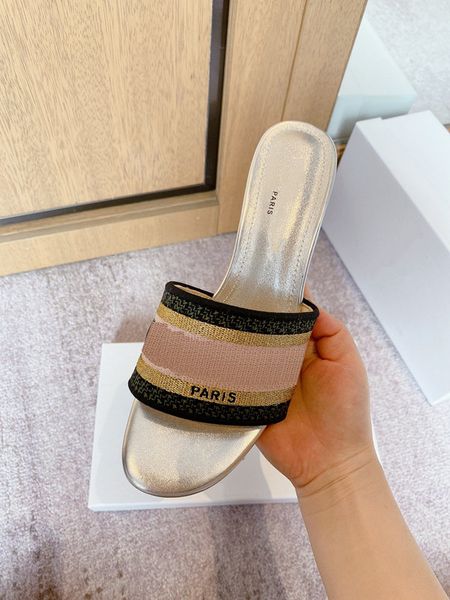 2021 Newest Summer Womens High Heels Slipper Striped Sandal Ladies Casual Scuffs Block Heel Sandals Outdoor Shopping Letters Slippers with B