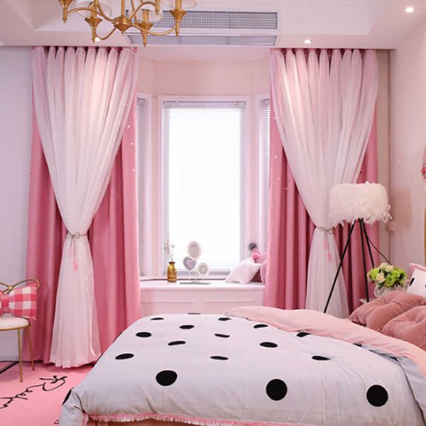 Korean Double Pink Princess Curtains Living Hollow Stars Lace For Bedroom Shade Curtain Tulle Cloth Room Supply 210712