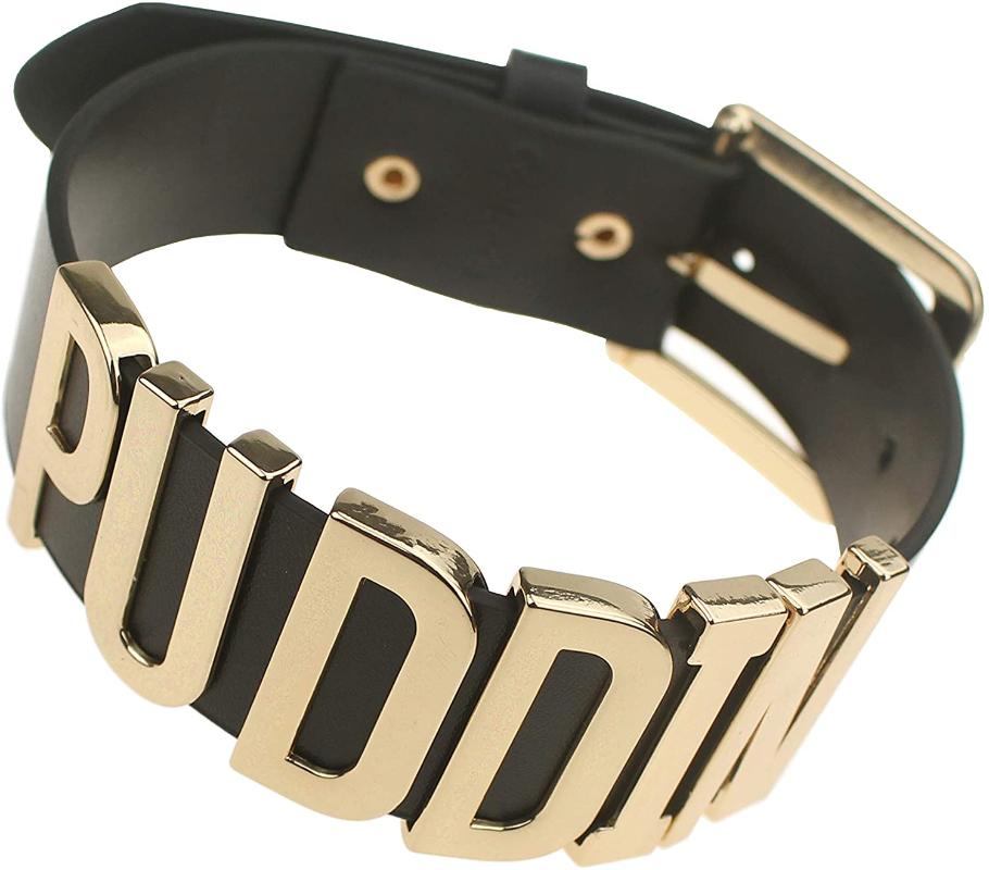 Chokers Adjustable Fashion High Neck Black Belt Letter Gold Puddin Choker Necklace Collar For Women Girls Adult Kids ( 1.2 Inch Width)