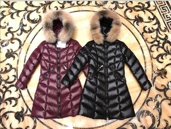 Women Big Real Fox Fur Hooded Down Coat Thick Warm Double Zipper Slim Jacket Waterproof Parkas Black-Wine Red Size 1234