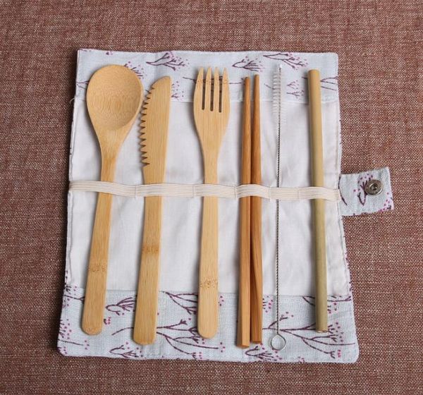 2021 Wooden Dinnerware Set Bamboo Fork Knife Soup Teaspoon Catering Cutlery Set With Cloth Bag Kitchen Cooking Tools Utensil