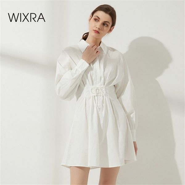Wixra Lace Up Dresses Womens Turn-Down Collar Empire White Short Clothing Cotton Shirts Summer Autumn 210806