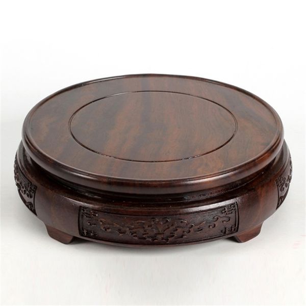 7.8-24cm Diameter Ebony Carved Base With Flower Pattern Craftwork Solid Wood Base Flower Vases Stone Jade Teapot Aquarium Base 210811