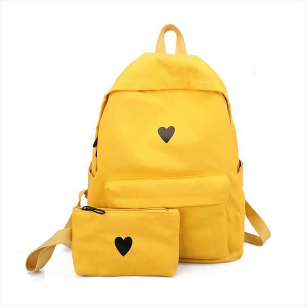 Fashion Women Backpack Canvas Printed Heart Yellow Backpacks Korean Style Students Travel Bag Girls School Laptop