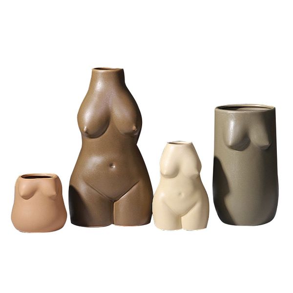 Female Form Body Vase Earth Tone Ceramic Nude Women Sculpture Decor Art Flower Pot Planter for Home Office Restaurant Hotel