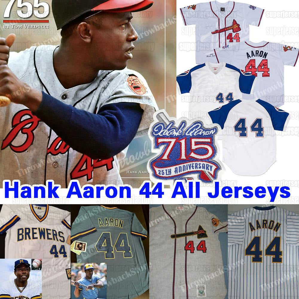 Mens 44 Hank Aaron Team Jersey 715 Home Run 25 Patch 44 Hank Aaron 3 Dale Murphy 10 Chipper Jones 1957 1963 1973 1974 1958s Retro jersey