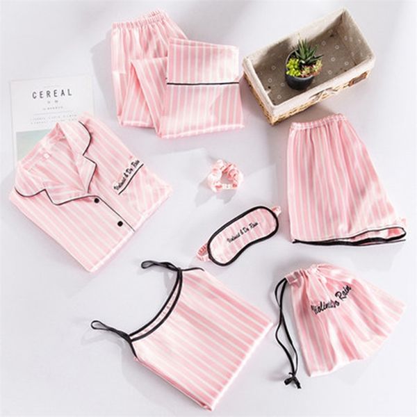 Women&#039;s Pink Striped Silk Satin Pama Set 7 Piece Loungewear with Robe - XXL, Comfortable Sleepwear for Women