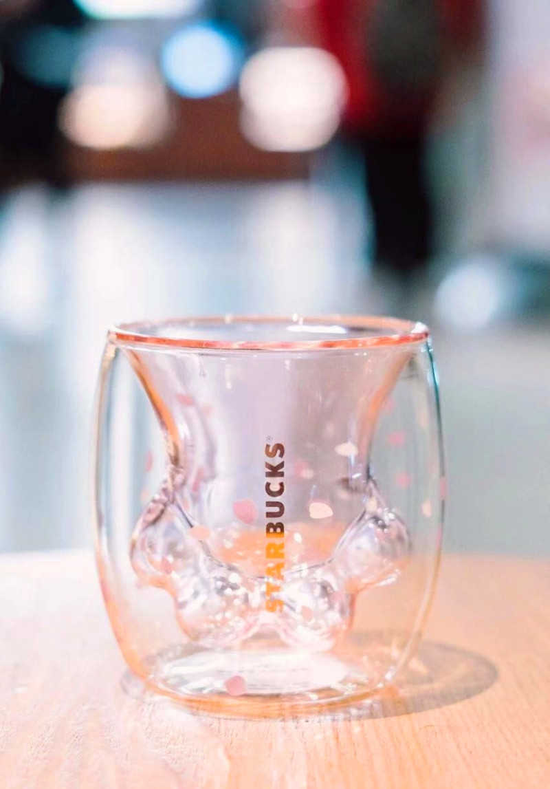 New Starbucks Sakura Pink Cat Claw Glass cup Cherry series Double transparent coffee mug 178ML for juice milk beer