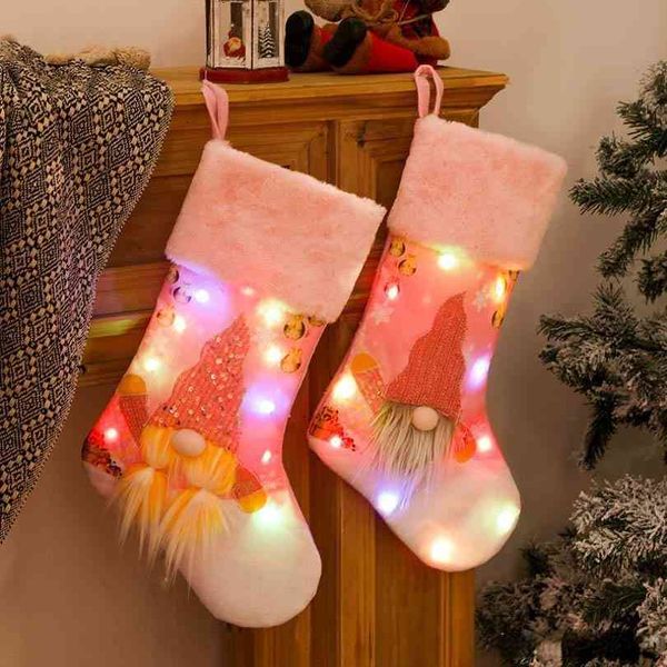 Bag Led Light Up Christmas Christmas Stocking Gift Tree Pendant Decorations Ornament Socks Candy Bag Home Party Decorations A851