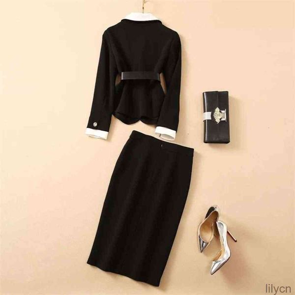 Two Piece Dress European and American women&#039;s wear winter style Long sleeved single - breasted belt jacket skirts Fashion black suit