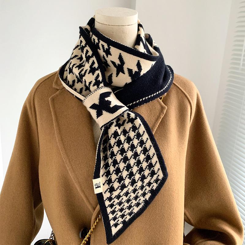 Scarves Houndstooth Knitted Ring Scarf Cotton Double-sided Pointed Cross Small Winter Warm Neckerchief Women&#039;s Stole