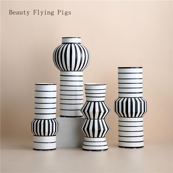 Vases Modern Black White Stripe Ceramics Art Flower Arrangement Vase Living Room TV Cabinet Ornaments Home Hydroponic Plant
