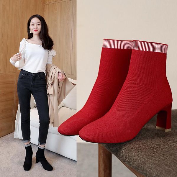 Boots 2021 Fashion Autumn Shoes Women Ankle Knitting Stretch Slim Sock High Heels Woman Winter Short Boot