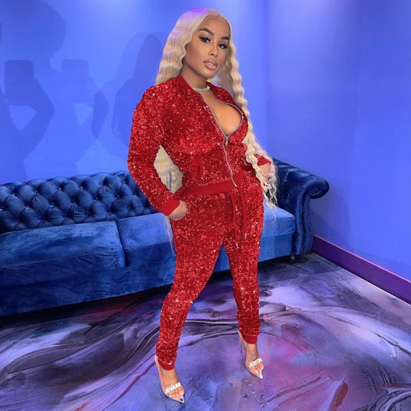 Women&#039;s Two Piece Pants Glitter Sequin Patchwork Set Fall Winter Clothes 2021 Zipper Front Long Sleeve Jackets And Drawstring Sweatpant