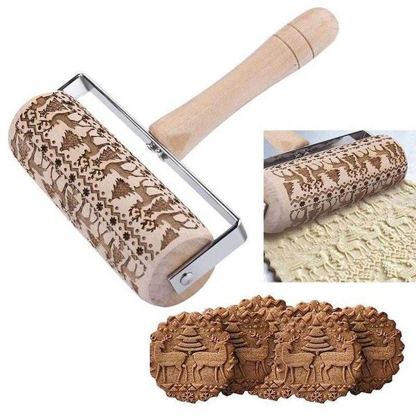 Christmas Embossing Rolling Pin Baking Cookies Noodle Biscuit Fondant Cake Dough Engraved Roller Reindeer Snowflake Press Tools 211008