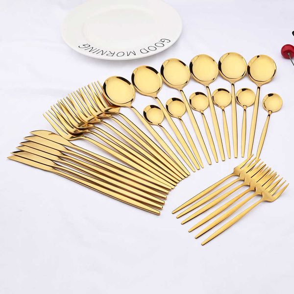 30Pcs Mirror Gold Dinnerware Cutlery Set Stainless Steel Black Flatware Western Knife Cake Fork Spoon Kitchen Tableware Set 211012