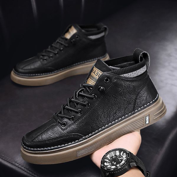 Winter Men&#039;s Shoes Casual and Versatile Waterproof High Top British Leather Black Board Tide Plush Warm Cotton