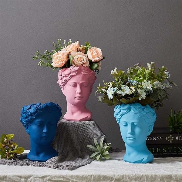 Greek Statue Goddess Flower Pots Head Retro Vase Home Decoration Accessories Ornament Decor Tabletop Decorative 211215