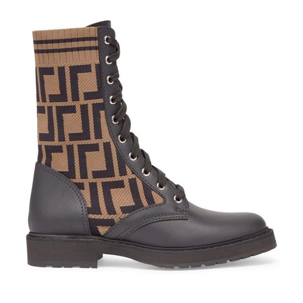 Top FF Zucca cuff ribbed knit sock-style flats Ankle biker boots Rockoko stretch fabric with leather combat Booties for women luxury designe