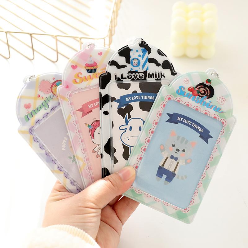 Card Holders Kawaii Plaid Kpop Pocards Holder With Key Ring 2 Slot Protector Idol Po Sleeves ID Name Badge