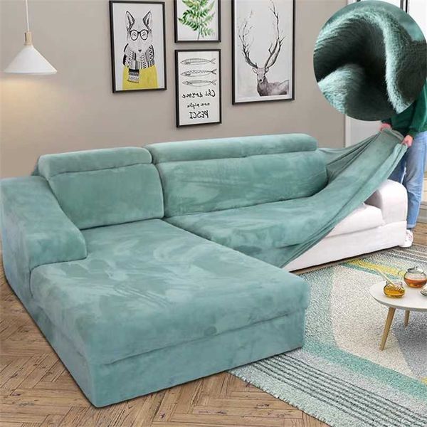 Velvet Plush L Shaped Sofa Cover for Living Room Elastic Furniture Couch Slipcover Chaise Longue Corner Sofa Cover Stretch 211102