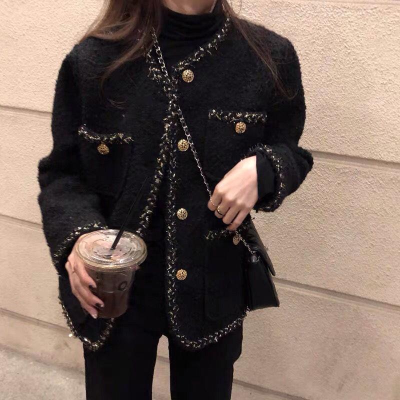 Women&#039;s Jackets Casual Female Black Tweed Jacket Coat Women Outerwear Coats Channel Style Suit Cropped Stripeed Kawaii Round Neck