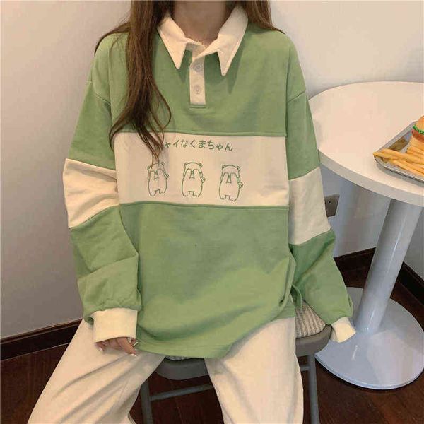 Vintage POLO Collar Letters Print Oversized Sweatshirt Women Girls Harajuku Autumn Korean Kawaii Clothes Pullovers 211108