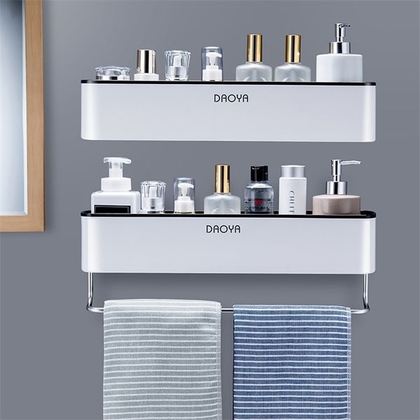 Bathroom Shelf Shower Caddy Organizer Wall Mount Shampoo Rack With Towel Bar No Drilling Kitchen Storage Accessories 211112