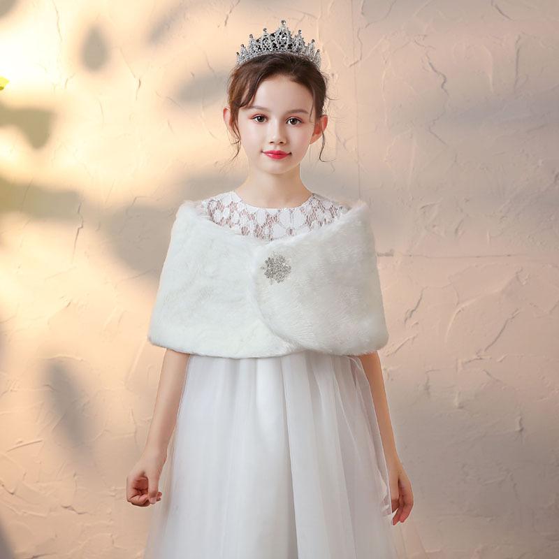 Jackets White Kids Girl Faux Fur Jacket Wedding Cloak For Communion Dress Wraps Bolero Cape Winter Princes Shawl Brooch