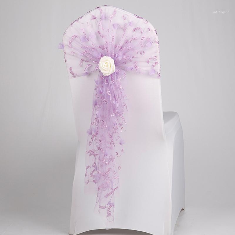 Chair Covers Embroidery Gauze Sashes Bow Elastic Ribbon Back Tie Bands Flower For Wedding Party Ceremony Banquet Chairs Decor