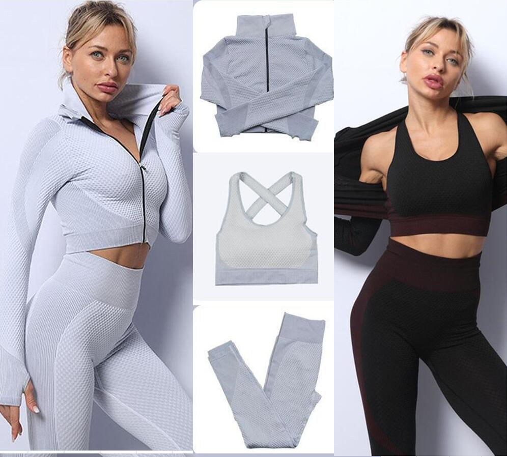 Sportswear for woman Tracksuits Designer Womens Yoga Suit Gym Fitness Sport 3PCS bra coat Leggings outfits outdoor workout set Fashion long pant tec