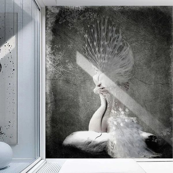 Custom Wallpaper European Style Nostalgic Creative Black White Peacock Beauty Cement Mural Living Room Bedroom