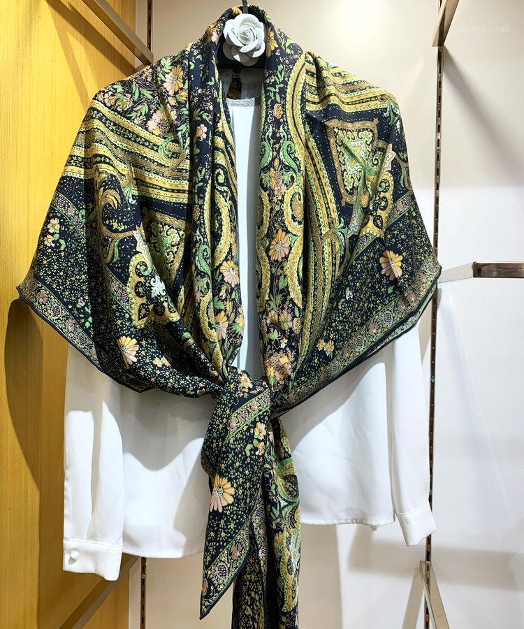 Scarves Greek Olive Green Paisley Pure Silk Square Scarf Design Large Shawls Wrap 140x140 Drop KFJ170