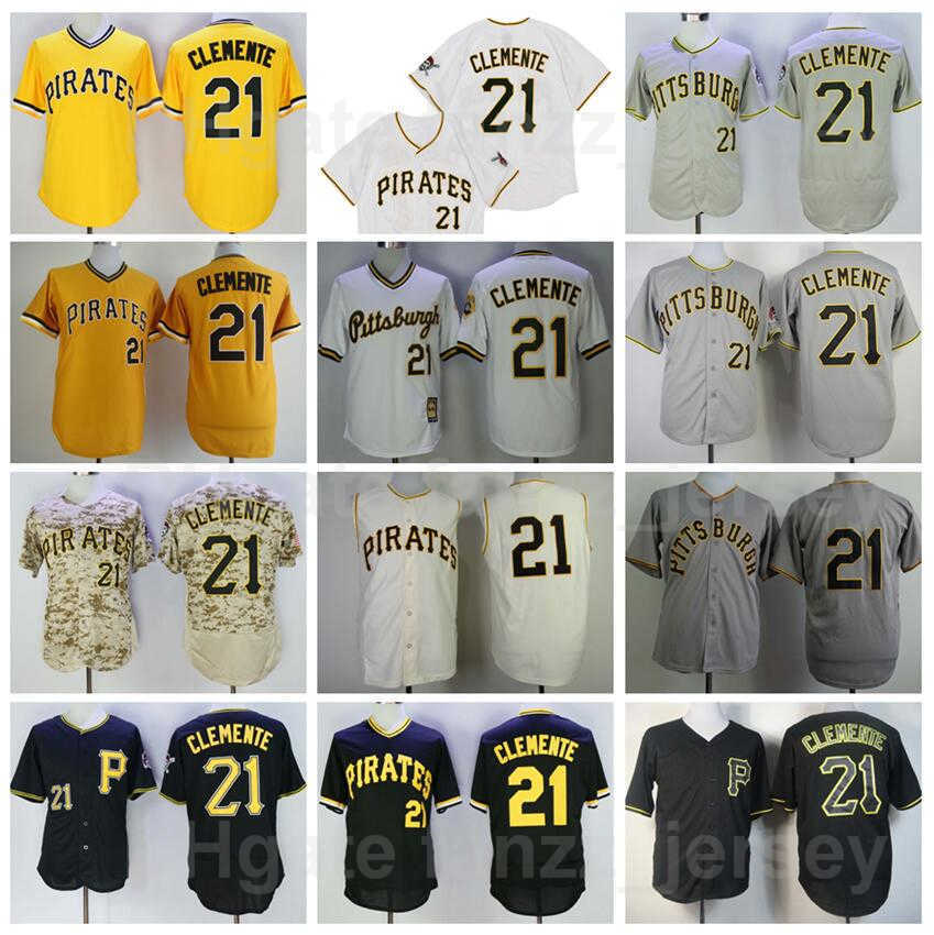 1953 1962 Vintage 21 Roberto Clemente Retro Baseball Jersey Flexbase Cool Base Cooperstown Retire Pullover Black White Yellow Grey Beige Stitching T