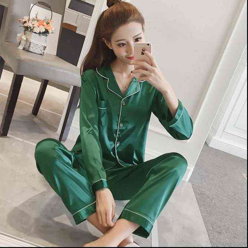 Plus Size Satin Pyjamas Pajama Womens Sleepwears Set Long Sleeve Night Suit Silk Sleepwear Autumn Winter Pijamas Two Piece Loungewear