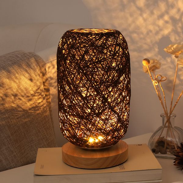 Artisanal Nordic Wooden Lamp with Rattan Twine Design - Charming Bedside Lighting Solution