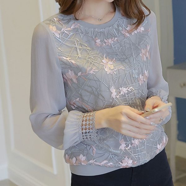 Women&#039;s Long Sleeve Shirts Women New Floral Embroidery O Neck Lace Chiffon Blouses Blusa Ladies Casual Shirt Tops