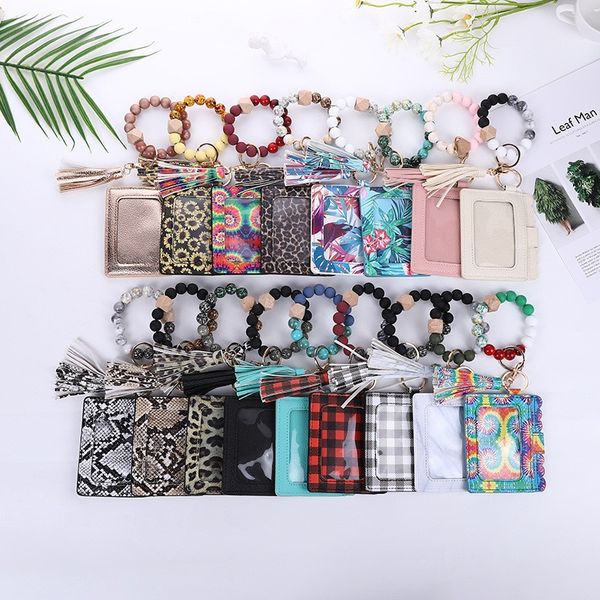 17 Colors Fashion PU Leather Bracelet Wallet Keychain Tassels Bangle Key Ring Holder Card Bag Silicone Beaded Wristlet Handbag ID Purse Cred