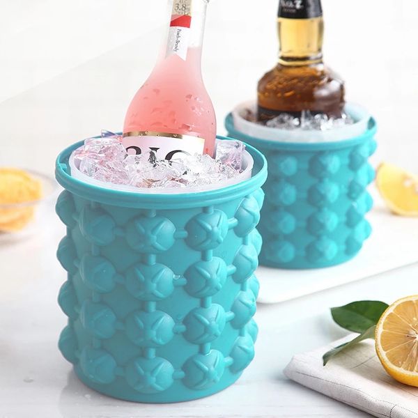 Portable 2 in 1 Large Silicone Ice Cube Mold Maker Tray Bucket Wine Ice Cooler Beer Cabinet Kitchen With Lids For Party Beverage Frozen Whis