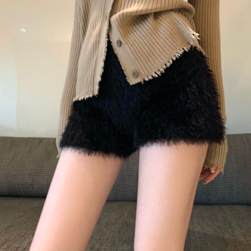 Women&#039;s Shorts Spring Autumn Faux Mink Hair Knitting For Women High Waist Slim Hairy Short Pants Lady Streetwear Fur