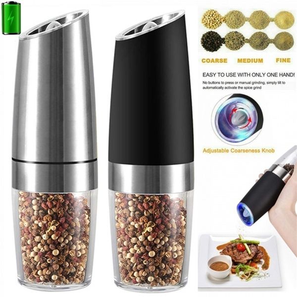 2Pcs Electric Automatic Grinder Pepper Salt Spice Mill Stainless Steel Gravity Sensor Shaker Adjustable Coarseness 220311